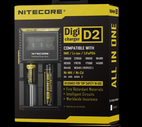 Оригинальный Nitecore D2 Charger Digicharger ЖК-дисплей аккумулятор Интеллект 2 двойных слотов Зарядка для IMR 16340 18650 14500 26650 18350 Универсальный литий-ионный аккумулятор против UM2 Q2