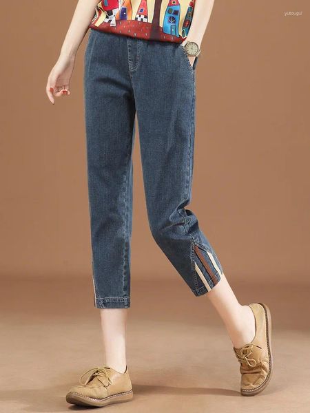 Jeans femininos HCXR Mulheres 2023 Verão Vintage Listrado Slim Coreano Moda Denim Calça Elástica Cintura Casual Calças Cropped