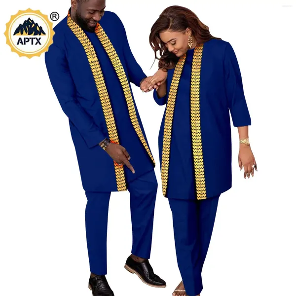 Roupas étnicas Casais Africanos Roupas Bazin Riche Homens Ternos Outfits Kaftan 3 Peças Conjuntos Combinando Mulheres Top Tee Calças e Vest Traje