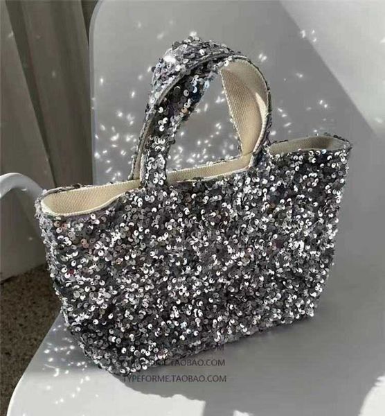 2023 Neuer Sommer Koreanisches Nischendesign Moderne silbergraue Serie Bling Pailletten Handgemachte Segeltuchtasche mit kurzem Griff 230401