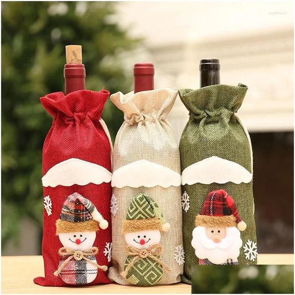 Decorações de Natal Decorações de Natal Linho Papai Noel Boneco de Neve Saco de Presente Mesa Feliz para Casa Enfeites de Natal Navidad Garrafa de Vinho Dhdof