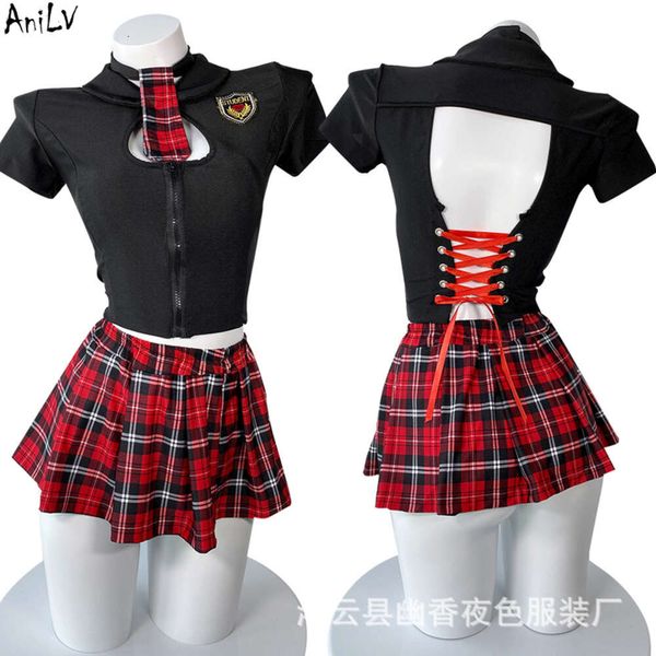 Ani Schule Student Mädchen Unifrom Kostüm Frauen Sexy Rot Karierten Falten Rock Heiße Dessous Pamas Set Cosplay Cosplay