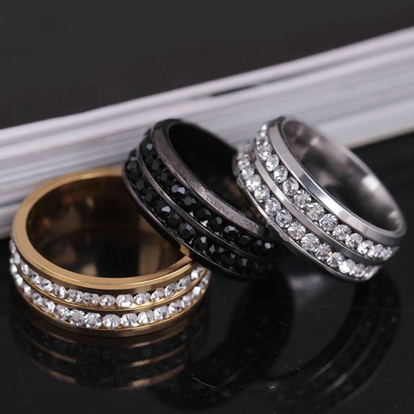 Anéis de cristal austríaco de fileiras duplas de aço inoxidável 316L para homens e mulheres de alta qualidade Anel de dedo bonito para amantes da moda europeia popular anéis pretos de ouro presente 8 mm