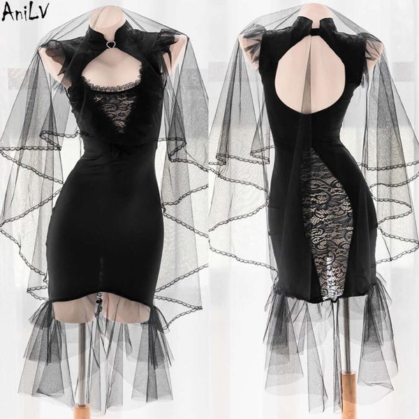 Ani escuro noiva preto sereia vestido de casamento véu traje feminino sexy sem costas rendas oco magro cheongsam uniforme cosplay cosplay