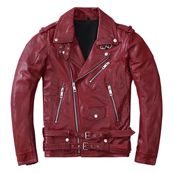 Giacca da motociclista rossa in finta pelle di pecora in pelle da uomo stile coreano slim fit biker rider vestiti genuini cappotto con cerniera obliqua maschio 231031