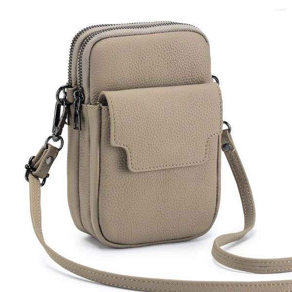 Seesäcke A6018 Vielseitige Dame Echt Weiche Erste Schicht Rindsleder Klappe Vordertasche Hinterer Reißverschlussschlitz Cross Body Reisehandy