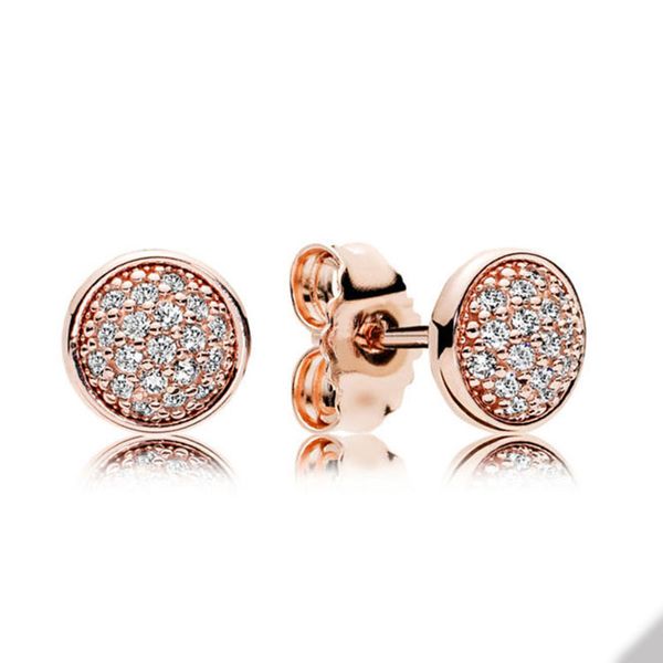 Pandora için Pave Disk Gül Altın Saplama Küpe 925 STERLING Gümüş Düğün Tasarımcı Küpe Set Mücevherleri Kadın Kız Kardeşi Hediye CZ Elmas Küpe Orijinal Kutu ile