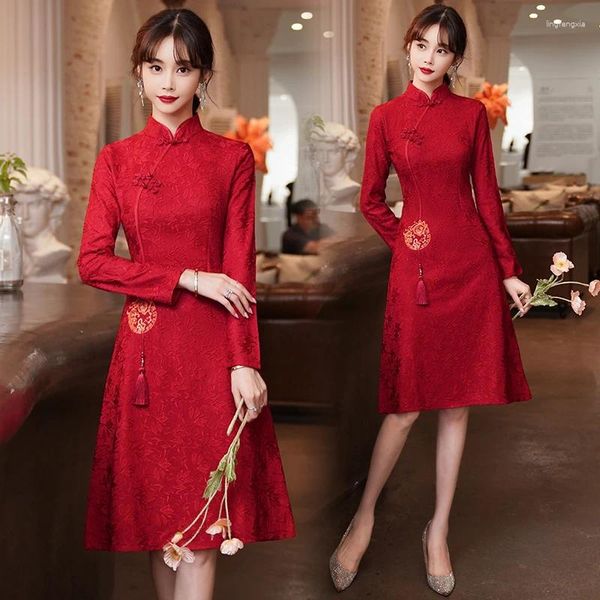 Vestidos Casuais Chinês Renda Vermelha Qipao Slim Mulheres Estilo Étnico Vestido Vintage Plus Size Moderno Cheongsam Vestido Chino Mujer