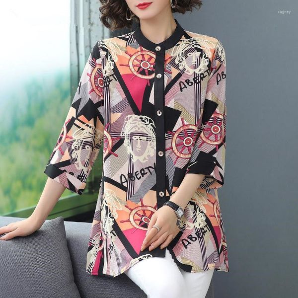 Blouses feminina Vintage Print Print feminino 2023 Summer Plus Size Botão Tops confortável Tee Fashion Casual VERSÁTIL Mulheres roupas