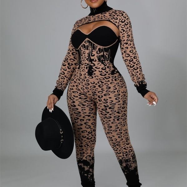 Macacões femininos plus size macacão leopardo para mulheres manga longa gola sexy magro high street 2 peça conjunto outono retalhos macacão outfit 231031