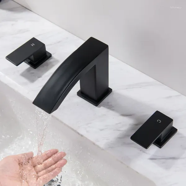 Rubinetti per lavandino del bagno Rubinetto per lavabo a cascata Oro spazzolato / Nero Miscelatore per montaggio su piano e acqua fredda Vasca da bagno con doppia maniglia