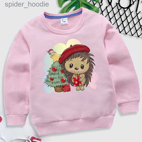 Moletons masculinos Moletons Natal Hedgehog Árvore Impressão Crianças Moletom Kawaii Kid Cartoon Roupas Xmas Manga Longa Pulôver Menina Menino Natal Hoodie L231101