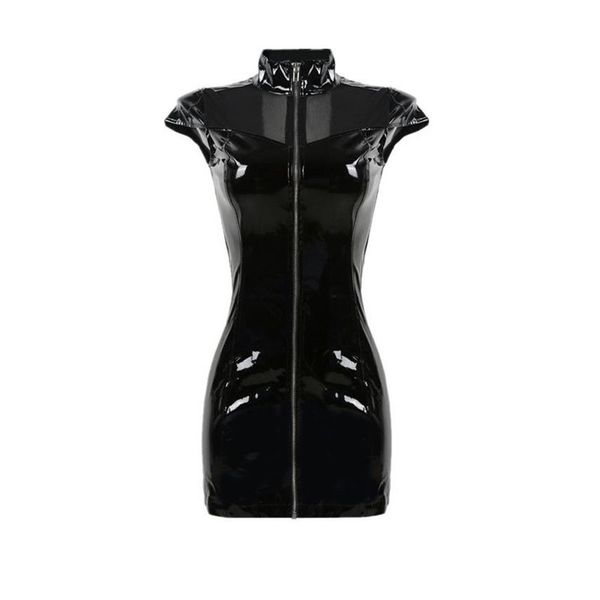 Sexy nighty gola alta pvc látex falso couro fetiche gótico zíper mulher mini rendas até clubwear lápis preto dress199k