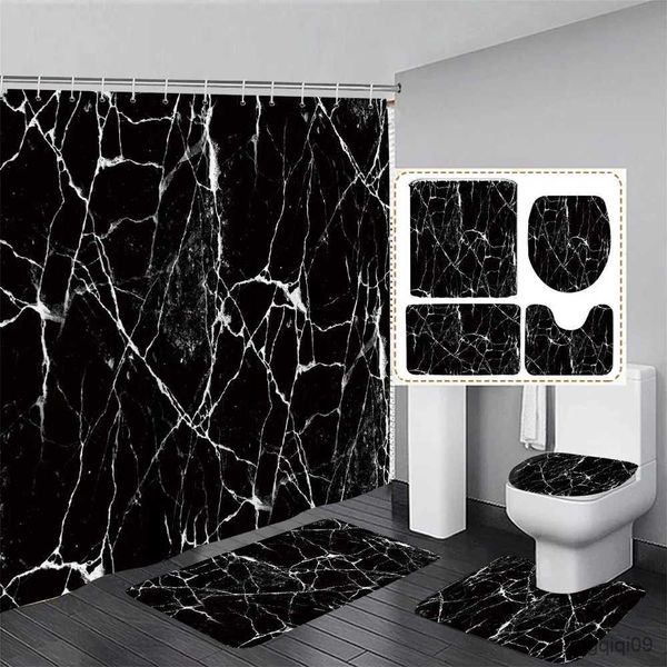 Duschvorhänge, schwarzes Marmor-Duschvorhang-Set, goldenes Strukturmuster, modernes Badezimmer-Dekor, rutschfester Teppich, Badematten R231101