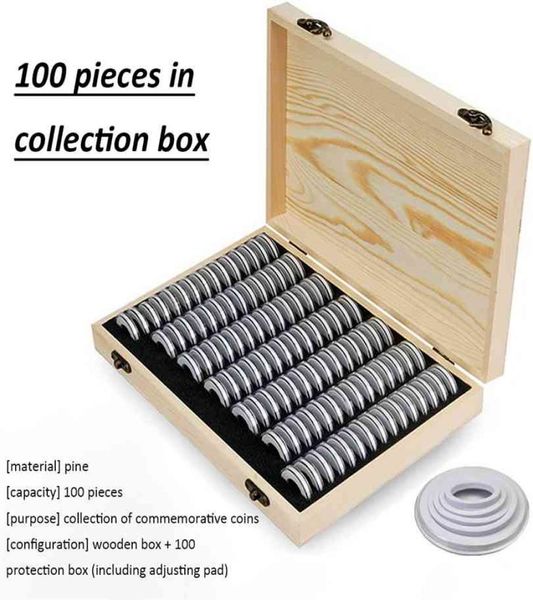 100 peças conjunto de moedas comemorativas caixa de coleção almofada de ajuste caixa de madeira armazenamento 2109144354889