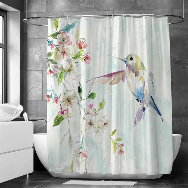 Cortinas de chuveiro estilo chinês, flores, pássaros, banheiro, flores, plantas, cortina de chuveiro, banheiro, à prova d'água, guarnição de tecido com r231101