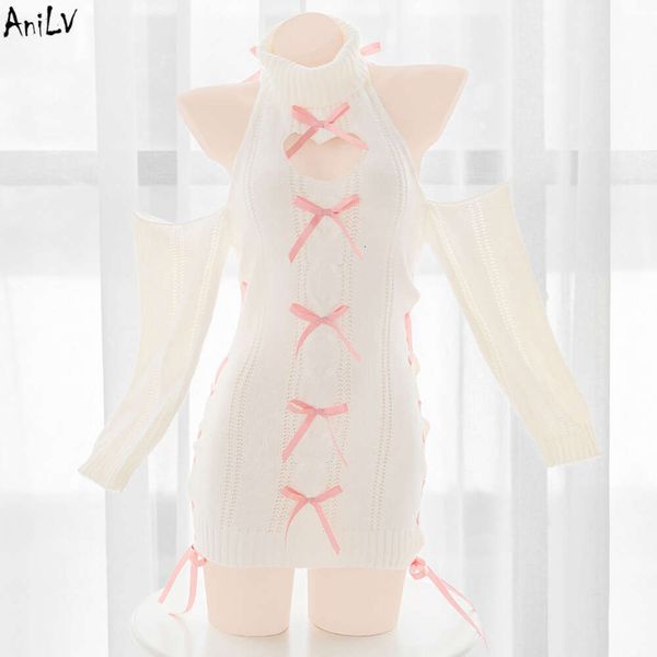 Ani anime doce menina halter sem costas camisola de malha vestido uniforme traje amor oco orelhas de coelho camisola pamas cosplay cosplay