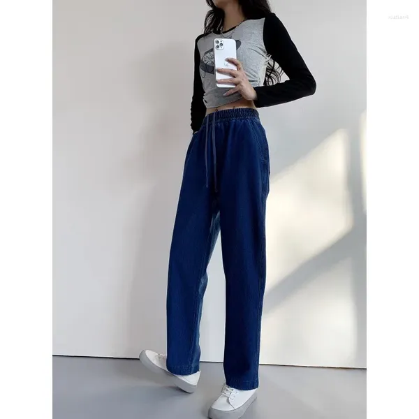 Jeans da donna 2023 Primavera e Autunno Boutique Cotone Blu Sciolto a vita alta Slim Fit Piccoli pantaloni a tubo di fumo a nove punte