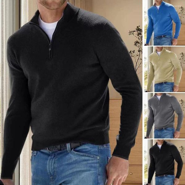 Maglioni da uomo Maglione autunno inverno uomo colletto alla coreana scollo a V tinta unita slim fit manica lunga elastica cerniera morbida