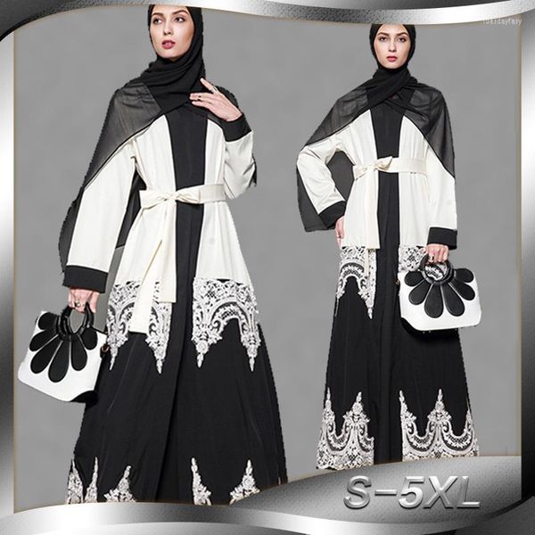 Ethnische Kleidung Fashional Damenmode Spitze Ausschnitt Nähte Schwarz-Weiß-Strickjacke Plus Size Lace-up Loose Robe Muslim Islamic Gown