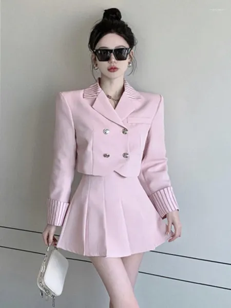 Vestidos de trabalho de alta qualidade moda elegante senhora do escritório 2 peça define roupa feminina blazer casaco colheita superior saia conjunto coreano doce dois ternos