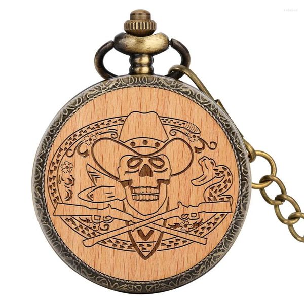 Orologi da tasca Punk vintage pirata teschio serpente inciso modello legno lega di bronzo orologio al quarzo per uomo donna catena elegante retrò