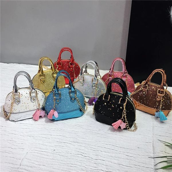 Bolsas Moda Bebê Meninas Princesa Luxo Brilhante Glitter Bolsa Corrente De Ouro Holograma Crossbody Bolsa Crianças Bonito Bolsa De Ombro De Couro 231031