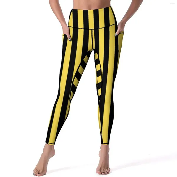 Leggings femininas listrado vertical sexy preto e amarelo ginásio yoga calças de cintura alta estiramento esportes collants com bolsos bonito leggins personalizados