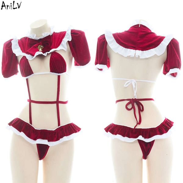 Ani anime lolita kız Noel arifesi çan kırmızı bodysuit kostüm kadınlar seksi Noel sweetwear pamas cosplay