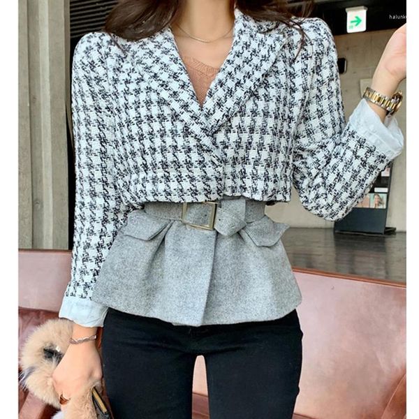 Abiti da donna Autunno Inverno Vintage Office Ladies Blazer scozzese Manica lunga Cappotto allentato Giacca Donna Blazer Cappotti di lana Cintura sottile femminile