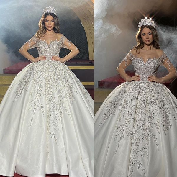 Abiti da sposa romantici con collo trasparente Abito da sposa illusione Abiti da sposa con applicazioni in pizzo a maniche lunghe su misura