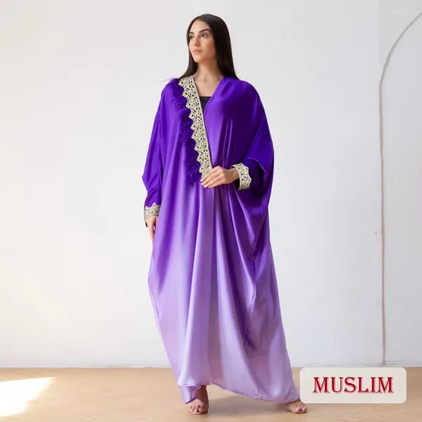 Abbigliamento etnico Donna modesta Musulmana Abaya Dubai Ricamo Graduale Abiti viola Donna Caftano sciolto Turchia Marocco Abito musulmano