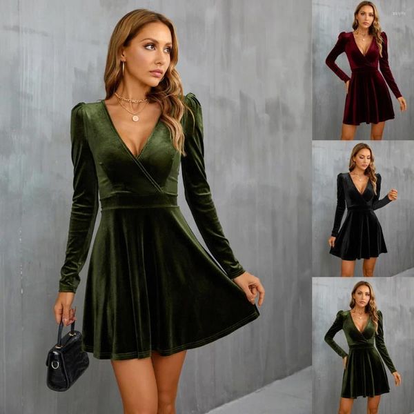 Lässige Kleider 2023 Herbst und Winter Damenmode V-Ausschnitt Langarm Taille A-Wort Samtkleid Temperament Elegant Sexy Abend