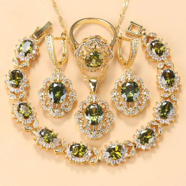 Set di gioielli da sposa 10 colori Cubic Zirconia Accessori donna Bracciale e anello con ciondolo verde oliva placcato oro 231101