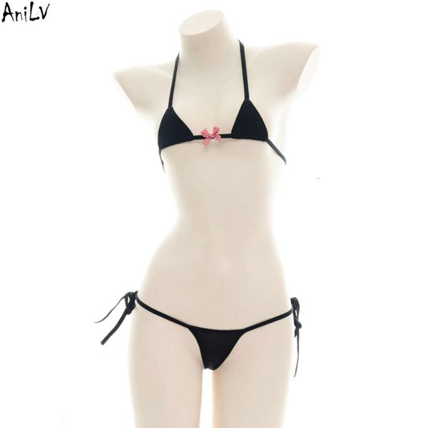 Ani Sommer Strand Mädchen Schleife Neckholder Bikini Badeanzug Kostüm Anime Student Niedlich Schwarz Bademode Pool Party Cosplay Cosplay