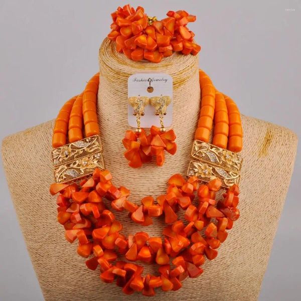 Ожерелье и серьги, комплект оранжевого натурального коралла, нигерийские свадебные аксессуары, африканские украшения из бисера для невесты, AU-620