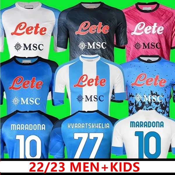 2023 Camisa de futebol de Jerseys de futebol de Napoli Top 22 23 Novo Naples Zielinski Koulibaly Maglietta Insigne Mertens Man Uniforme OSIMHEN KIDS KIT MARADONA comemorativa