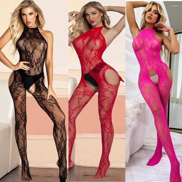 Calze da donna Calze Moda Fiocco Fiore Lingerie erotica Intimo con apertura sul cavallo Collant Sesso Porno Maglia Teddy Body