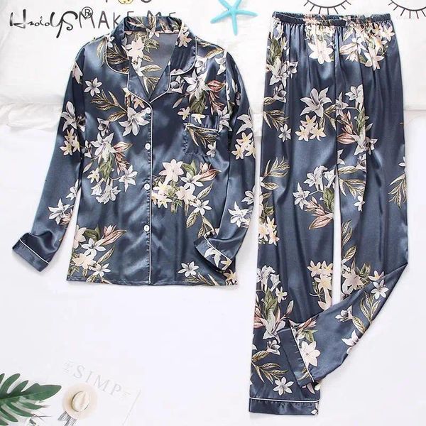 Mulheres sleepwear outono inverno pijama mulheres seda cetim pijama conjunto camisa de manga longa com calças loungewear feminino pijamas ternos mujer