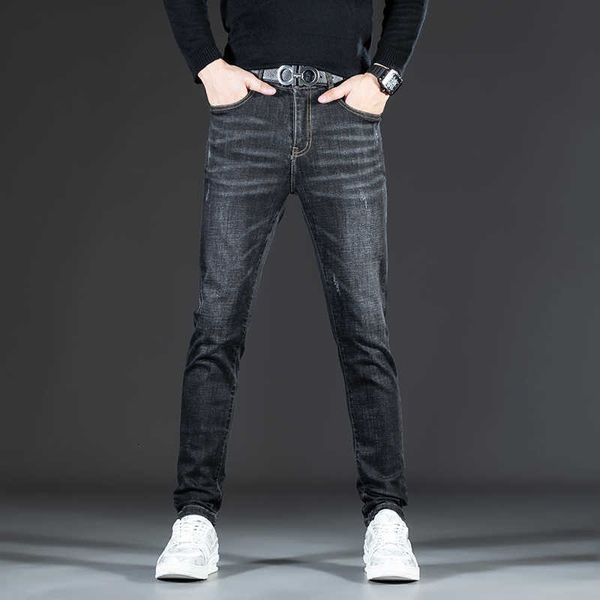 и осенние зимние мужские джинсы вышивая повседневная растяжка маленькая прямая шорт -бренда черные джинсовые штаны мода