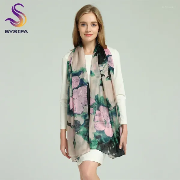 Lenços Bysifa Primavera Outono Mulheres Lenço De Seda Verde Xaile Inverno Top Grau Libélula Padrão Longo Wraps 180/110cm