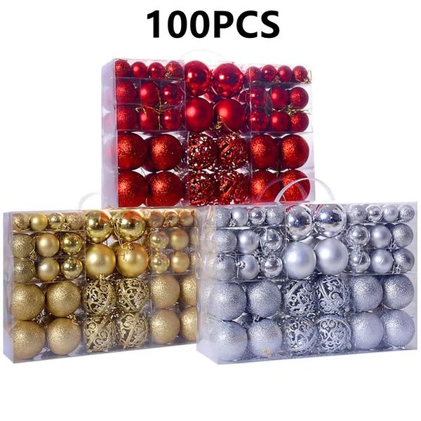 Decorações de Natal 100 Pçs / set 3-6cm Caixa de Presente de Bola de Natal Vermelha Dourada Enfeites de Árvore de Natal Bola Brilhante Bola Fosca Bola em Pó Bola Oca Conjunto 231101