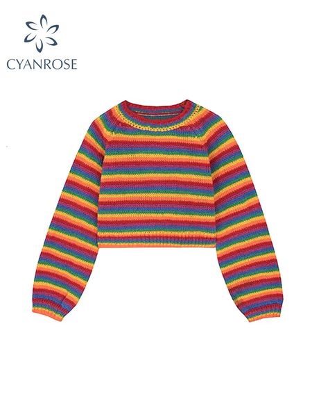 Frauenpullover Frauen Bunte gestreifte Regenbogen gestrickte Pullover Herbst Winter koreanischen Stil Casual Langarm Pullover weibliche Crop Top 231031