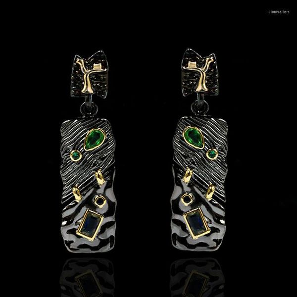 Brincos de garanhão Design colorido de zircão vintage Emerald Dangle Drop for Women Party Jewelry 925 Silver Black Gold Color Italy