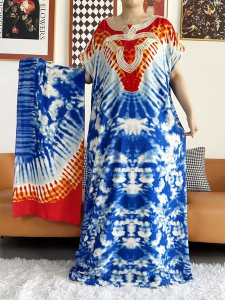 Roupas étnicas 2023 Abaya Vestido de Verão Manga Curta Tie-tingido Mulheres Soltas Maxi Robe Floral Femme Musulmane Impressão Africana