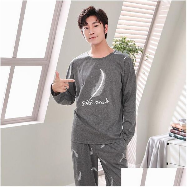 Homens sleepwear nova primavera homens pijamas manga longa masculino pijama conjunto puro fl algodão para sleepwear terno homewear 4xl 200919 gota entrega dhgdj