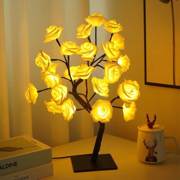 Luci notturne Luci del ramo di un albero di rose Lampada da tavolo a LED Luci di fiori USB Luci notturne decorative impermeabili Decorazione del giardino della festa di Natale P230331