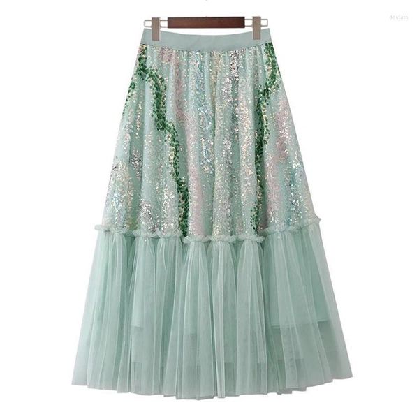 Saias Surmiitro High Street Tulle Saia Longa para Mulheres 2023 Moda Coreana Malha Patchwork Lantejoulas Cintura Plissada Feminina