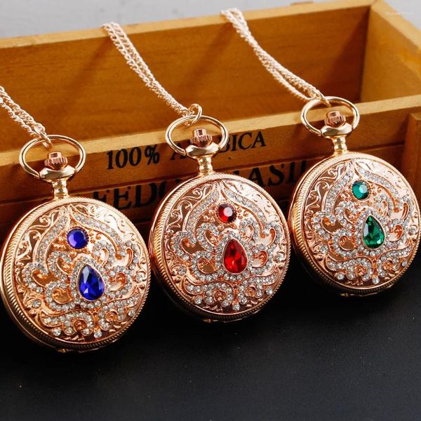 Orologi da tasca Orologio con movimento al quarzo dal design multi diamante rosso/blu/verde, regalo unisex da donna, collana in oro rosa