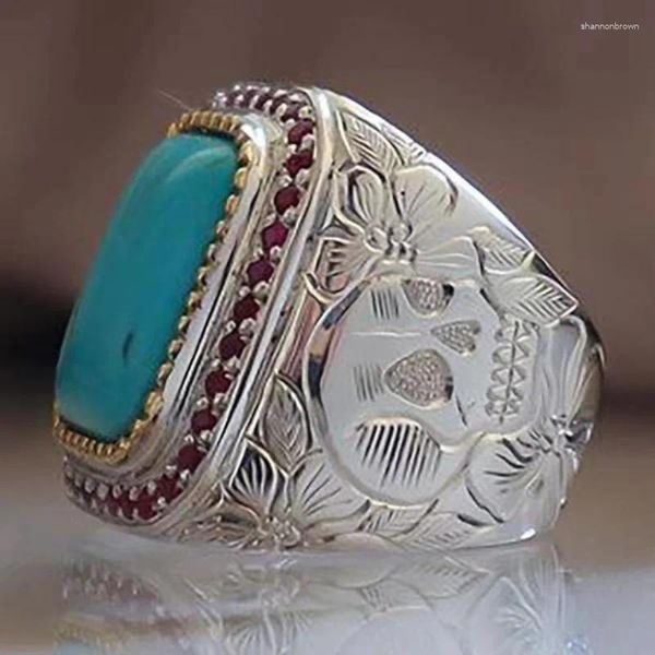 Anéis de casamento requintado moda masculina incrustada pedras azuis vintage prata cor dourada flor gravada para homens jóias